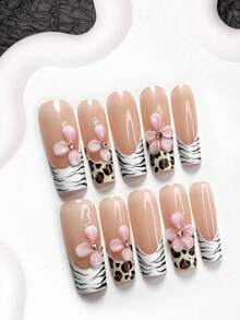 10件套极简亚克力美甲套装，适合秋冬季节，包含法式按压式棺材甲、杏仁甲、鸭嘴甲、手工花朵美甲贴纸、豹纹美甲贴纸、水波纹美甲贴纸和白色指甲油凝胶，适合女性在假期和秋冬季节佩戴。套装包含工具包（1个果冻贴纸+1个指甲锉），是送给女士的绝佳礼物。 - 彩色 - 查看 17