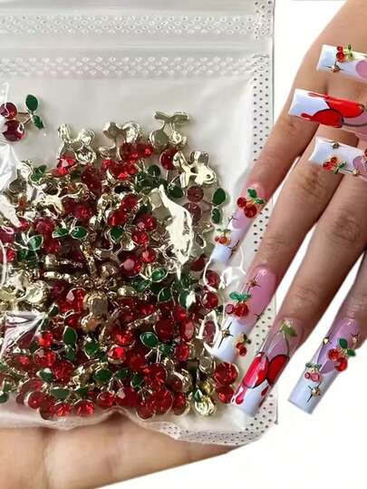 20 piezas Decoraciones de uñas 3D de cereza - Gemas de uñas de cristal rojo y rosa con hojas verdes, pegatinas de uñas de aleación de aluminio con frutas para manicura, joyería de uñas, suministros de arte de uñas