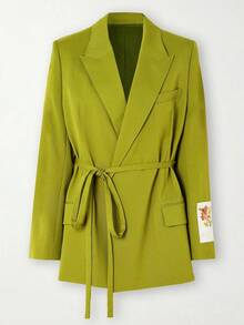 GLOURI Women's Olive Green Belted Blazer & Pleated Maxi Skirt Set - Tie-Waist Design & Embroidered Cuff Detail | Elegant High-End Style For Luxury Dinners, Fashion Gatherings & Sophisticated Events For Refined Glamorous Looks - 綠色 - 查看 7