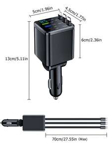 7口黑色车载充电器，带数字显示屏、PD快充、可伸缩线缆、多功能、角度可调、7合1（双USB接口、双PD接口、苹果快充线、Type-C快充线、超快充线）、点烟器接口 - 均碼 - 查看 8