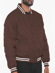 Men Solid Varsity Bomber Jacket Waterproof Fall Winter Summer Lightweight All Season Striped Trim Slant Pockets Baseball Jacket Snap Button - Brown - View 4