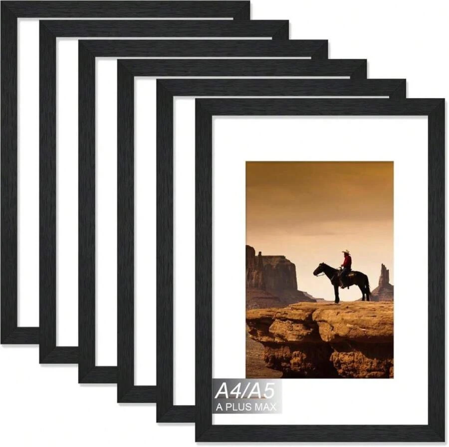 A PLUS MAX Black A4 Frame Set Of 6, Engineered Wood Frame Display Papaer Size A5 Picture With Mat Or A4 Without Mat, A4 Frame With Wood-Grain For Photo 8.3x11.7 Inch For Wall - 6 Packs - ColorB - 查看 1