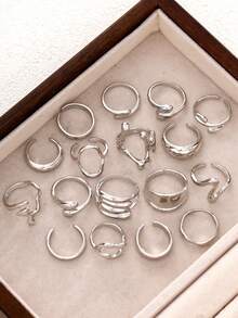 17pcs Vintage Elegant Chunky Design Women Metal Silver Color Ring Set, Suitable For Daily Wear And Party - Silver - View 5