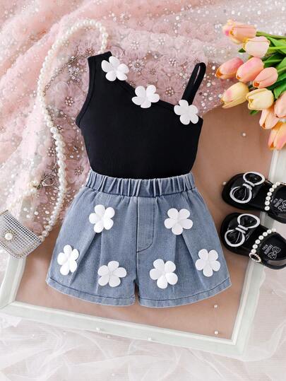 2件套女婴优雅时尚无袖花卉装饰吊带背心和花卉牛仔短裤套装