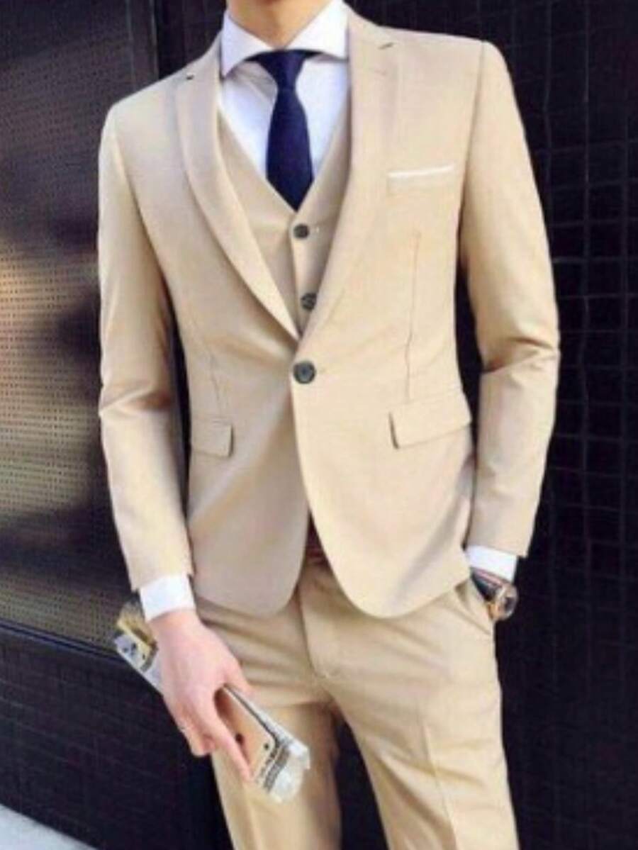 Men Suit Set,Groom's Three-Piece Suit, British Casual Business Suit, Men's Wedding Attire, Groomsman's Suit, Slim Fit And Handsome. - 卡其色 - 查看 1