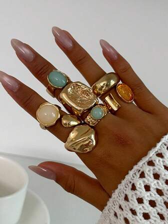 7pcs/Set Inlaid Acrylic Rings, Asymmetrical Hammered Texture Open Rings Set, Suitable For Party, Gift, Daily Wear