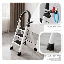 SAEIV Steel Folding Ladder, 3/4 Section, With Wide Steel Steps With Non-Slip Pads, Load Capacity Up To 500 Kg. Equipped With Snap Locks And Full-Length Vertical Foot Straps With Grooves. Ideal For Use In The House, Basement, Kitchen, Garage Or Office – White. - White 3-step Ladder - View 7