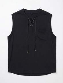 Men's Summer Linen V-Neck Tie Loose Casual Tank Top - Black - View 2