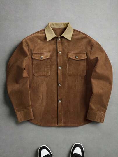 Men's Short Corduroy Color Block Patchwork Varsity Style Casual Versatile Full Zip Collar Long Sleeve Jacket Coat