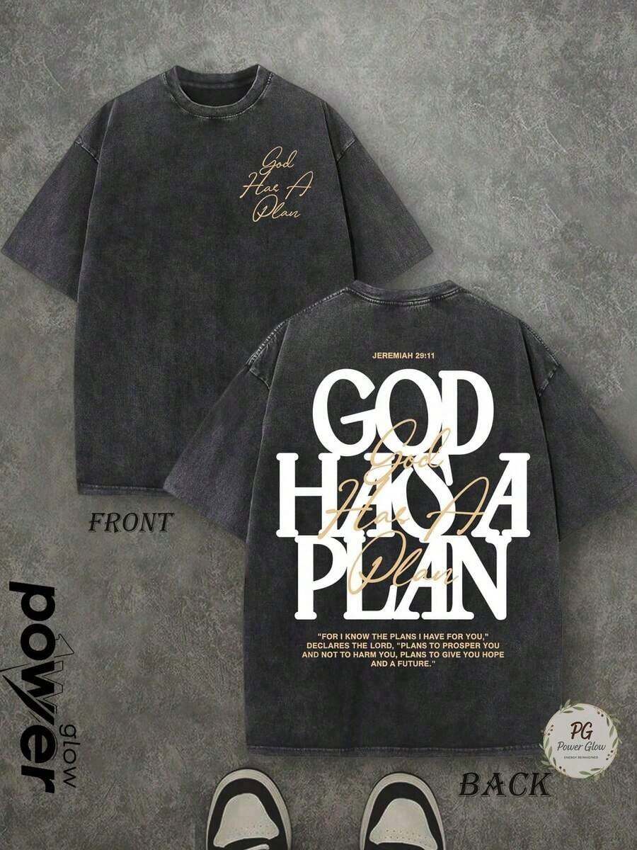 Jesus Tee God Has A Plan Graphic Tee Double-Sided Print Washed T-Shirt Holiday Gifts Y2K Men's Graphic Tees, Street - Style Vintage Washed T - Shirts, 230G Cotton T - Shirts, 100% Pure Cotton, Unisex Graphic Tees Halloween Back To School ShirtsNew Casual T-Shirts For Men And Women - 黑色 - 查看 1