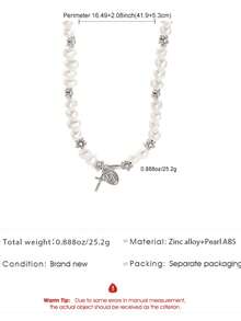 1件优雅基督教圣母玛利亚耶稣十字架吊坠仿珍珠项链，男女皆宜的日常配饰，时尚首饰 - 復古銀色 - 查看 5