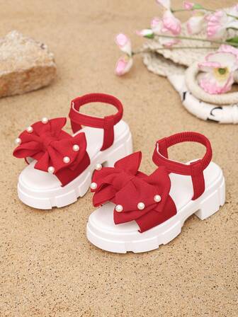 1双女童时尚高跟凉鞋，可爱蝴蝶结设计，厚底，休闲沙滩凉鞋，适合儿童旅行和度假