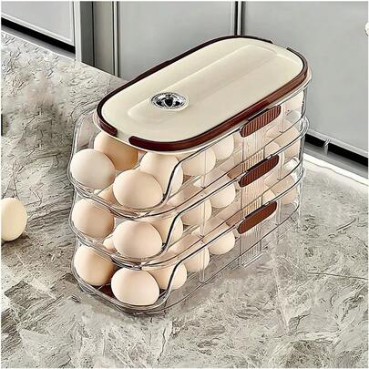Organizador de Huevos para Refrigerador, 3 Niveles, Capacidad 42 Huevos, 33 cm x 15,5 cm x 16,5 cm, Transparente y Beige (Tres capas)