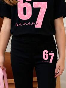 女童字母数字印花短袖T恤搭配修身喇叭裤休闲装 - 黑色 - 查看 4