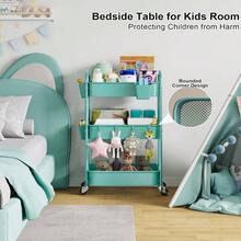 3 Tier Rolling Cart Metal With Wheels, Heavy Duty White Three Tiered Cart Organizer On Wheels, Utility Roller Storage Carts Art, Nursery, Diaper Caddy, Snack, Book, Nail, Cleaning Supplies - 自然綠色 + 三層 + 杯子 + 掛鉤 - 查看 3