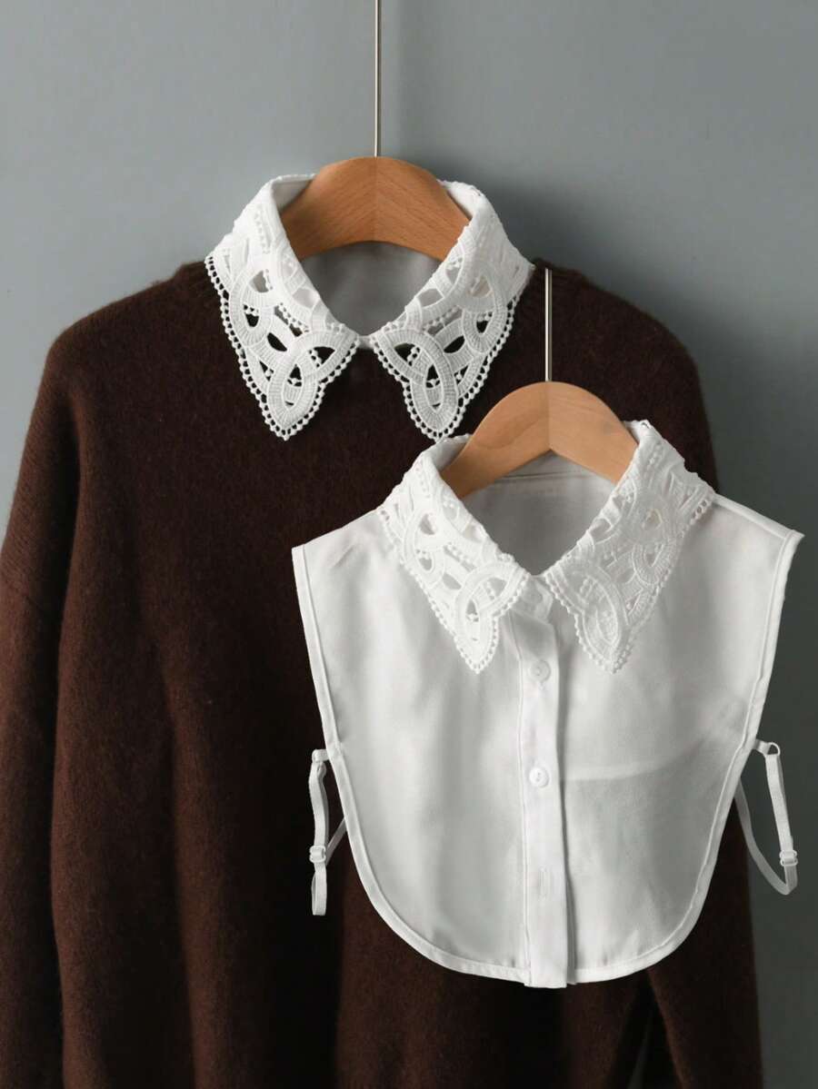 1pc Women's Chiffon Lace Hollow Embroidered Detachable Collar, Multi-Functional Sweater Dickey, Half-Shirt Design, Adjustable & Removable, Suitable For Autumn/Winter Everyday Wear - White - View 1