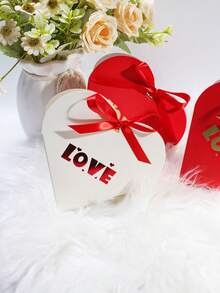 10pcs Heart Shape LOVE Gift Box With Ribbon Bow, Romantic Paper Favor Box In Red And Ivory, Elegant Pre-Printed LOVE Design, Simple Assembly Gift Packaging For Valentine's Day Wedding Engagement Anniversary Proposal, Ideal For Candy Chocolate Jewelry Small Gifts Party Favors Table Decor And Special Occasion Surprise Packaging - 12.5X7X12.5cm - View 7