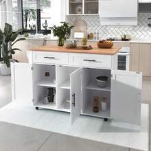 129x46(71)X91.5cm Dining Table Trolley/Sideboard With Folding Tabletop, Internal Shelves In The Cabinet Doors, Kitchen Island On 5 Wheels With Storage Cabinets And 2 Drawers, For The Dining Room, White - 白色 - 查看 12