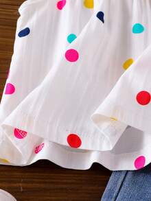 2件套女婴时尚可爱波点无袖上衣和毛边牛仔短裤套装，夏季 - 白色 - 查看 7