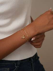 Nooxian 3pcs/Set Women Bracelet Set, Bohemian Summer Beach Style, Includes Golden Plated Multi-Layer Basic Chain, Wave Chain, Paper Clip Chain, Figaro Chain, Copper Zirconia Octopus Pendant Layered Bracelets, Ocean Series Jewelry Gift - Yellow Gold - View 2