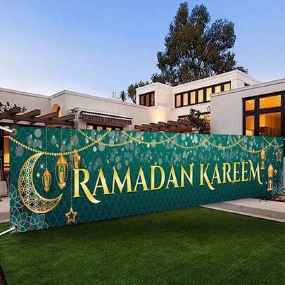 1 Piece Of 118 X 20 Inch Ramadan Karim Green Long Banner Sign Gold Moon Lamp Ramadan Mubarak Eid Party Decoration Outdoor Interior Supplies Polyester Fiber, 2026 Ramadan Home Decoration, Happy Ramadan Courtyard Logo Decoration, Outdoor Fence Porch Garden Garage Festival Decoration.