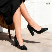 Women's IN4 Chunky Block Heel Pumps - Closed Pointed Toe Office Dress Shoes - Black Nubuck - View 5