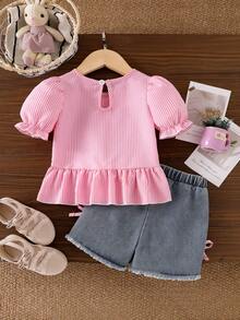 2pcs Baby Girl Fashion Sweet Outfit, Featuring Multiple 3D Bow Decor, Pink & White Striped Ruffle Collar Lantern Sleeve Casual Shirt Top And 3D Bow Decor Frayed Waist Elastic Waist Denim Shorts Set - Pink - View 3