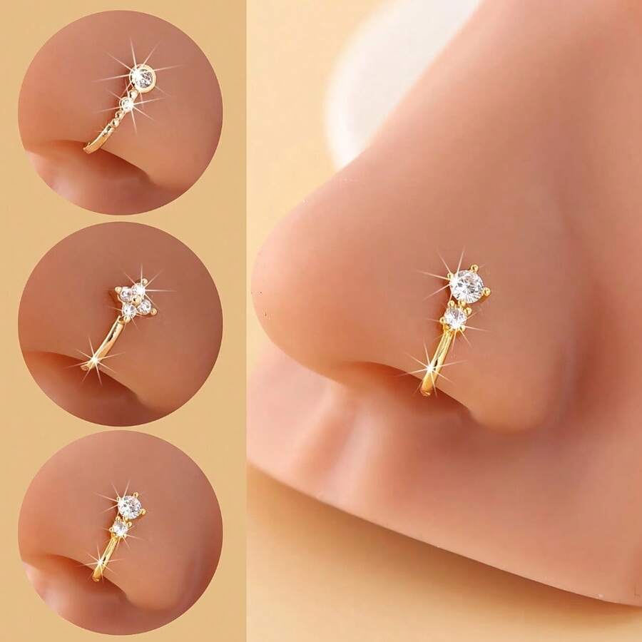 3pcs U-Shaped No-Piercing Nose Rings And Clips - Elegant And Sparkling Accessories For Everyday Parties, Suitable For Comfortable Non-Pierced Noses, Bohemian Style, White Golden Plated Copper With Synthetic Zirconia, Everyday Accessory|Minimalist Design|Easy Clip-On Design - Vàng - Xem 1