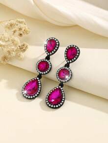 1 Pair Bohemian Alloy Rhinestone Decorated Fashion Versatile Earrings - Hot Pink - View 2