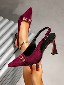 Women's Bestselling Burgundy Velvet Metal Buckle Pointed Toe High Heel Shoes, Thin Heel Backless Vintage Party Pumps - Burgundy - View 1