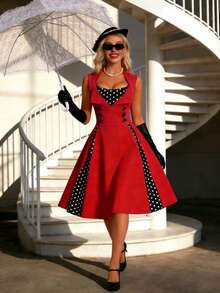 WEGIRL Women's Vintage-Inspired Red Midi A-Line Dress, Sleeveless With Collar, Polka Dot Contrast, Fake Buttons, And Flared Hem For A Chic Sundress Look - 紅色 - 查看 2
