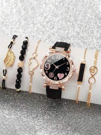 6 delar/set dambälte i äkta läder, moderiktigt kvartsur med diamanter och blommig urtavla + armband, mors dag/födelsedagspresent