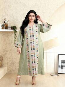 2026 New Style Ramadan Traditional Elegant Embroidered V-Neck Long Sleeve Dress For Women - Green - View 9
