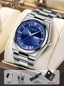 TOMI Men's Watch With Crown Brooch, Ring, Disassembly Tool, Minimalist Design, Round Dial With Diamonds, Zinc Alloy Strap, Quartz Movement, Gift Box, Suitable For Daily Life, Business Events, Father's Day, Valentine's Day, Christmas - Silver - View 1