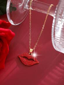 1pc Fashionable Luxurious Sexy Red Lip Pendant Necklace, Suitable As A Valentine's Day Gift For Women - Gold - View 5