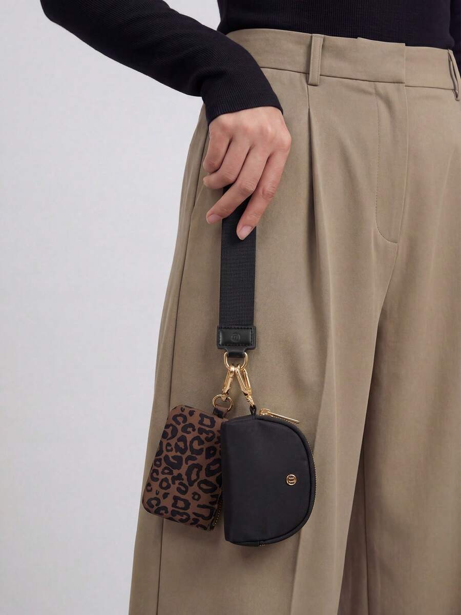Dual Pouch Wristlet Wallet Fashion Keychain Wristlet Bag Cards For Women Men, Cash & Coins, Detachable Keychain & Card Holder, Stylish & Portable For Everyday & Sports Use Travel Wallet Coin Wallet Christmas Gifts, Holiday Gifts - 金豹紋 - 查看 1