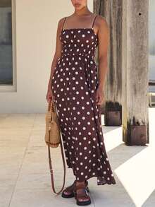 Womens Front Split Long Dress Sleeveless Spaghetti Strap Solid Color Dress Longline Cami Tops - Dark Brown - View 10