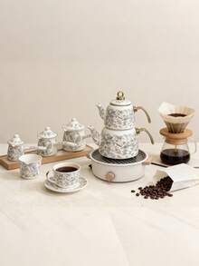 1 Set Cafetera y Gotero de Café de Estilo Nórdico en Gris Esmalte - Tetera/Olla de Agua/Olla de Leche/Tetera de Té de Frutas Multifuncional para Todas las Estaciones, Apta para Calentamiento Directo en la Estufa, Regalo Ideal para Amigos y Familia - Flores de fondo blanco - Ver 3