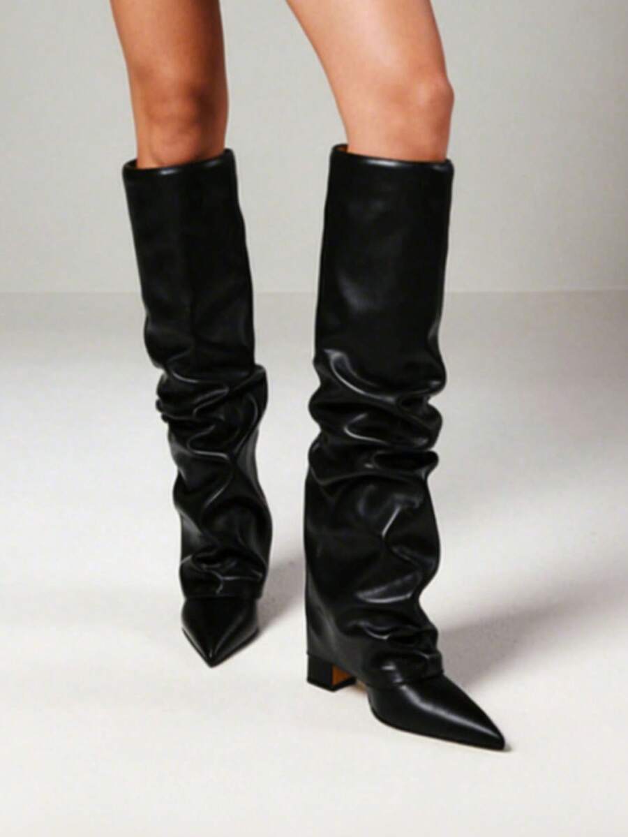 Knee High Fold Over Shark Boots For Women Slouchy Pointed Toe Block Thick High Heels Pull On Fashion Punk Pleated Boots Woman - Black PU - 查看 1