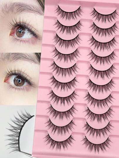 10 Pairs Natural Looking Fluffy & Delicate Cartoon False Eyelashes With Transparent Stems, Suitable For Daily Use, Travel Essential
