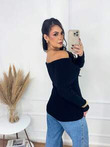 Women's Off-Shoulder Knit Sweater With Long Ribbed Sleeves, Modern Casual Style, Winter Fashion. - Black - View 3