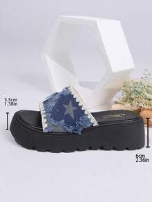 Women's Summer Denim Slippers, Fashion Strap Thick Bottom Slip-On Sandals - Blue - View 10