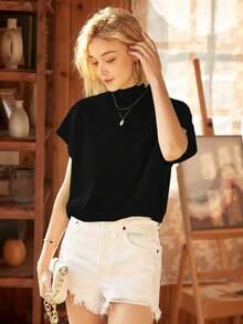 Knit Mix Women's French Casual Knit High Neck Top, Lightweight Ribbed Knit Pullover Top, Suitable For Spring And Autumn, Loose And Fashionable, Back To School Autumn - Charcoal Black - View 6