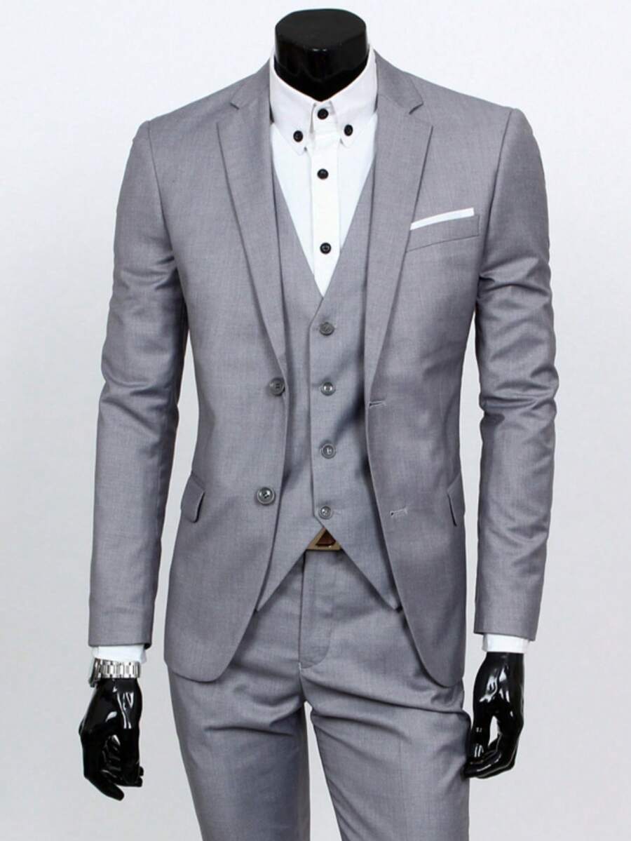 Men Suit Set,Groom's Three-Piece Suit, British Casual Business Suit, Men's Wedding Attire, Groomsman's Suit, Slim Fit And Handsome. - 淺灰色 - 查看 1