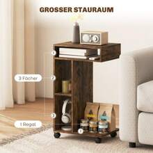 Side Table, C-Shaped Serving Trolley, 4 Wheels, 3 Compartments, 40 X 30 X 69 Cm, Rustic Brown - Rust Brown - View 5