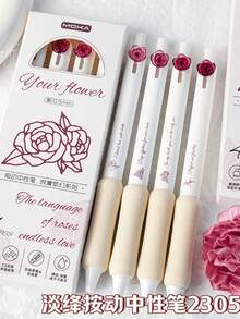 4/5支装透明彩色花朵系列中性笔，高品质花朵按压式笔，适合学生使用，速干0.5mm黑色墨水笔，适用于办公和签名 - 黑色 - 查看 8