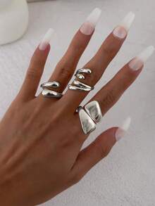 3 pièces/Set de bagues vintage minimalistes en métal à gouttes d'eau géométriques, ensemble de bijoux épais multicolores de mode asymétrique de conception unique, convient pour les tenues quotidiennes des femmes, les cadeaux de vacances, la décoration des fêtes et des banquets