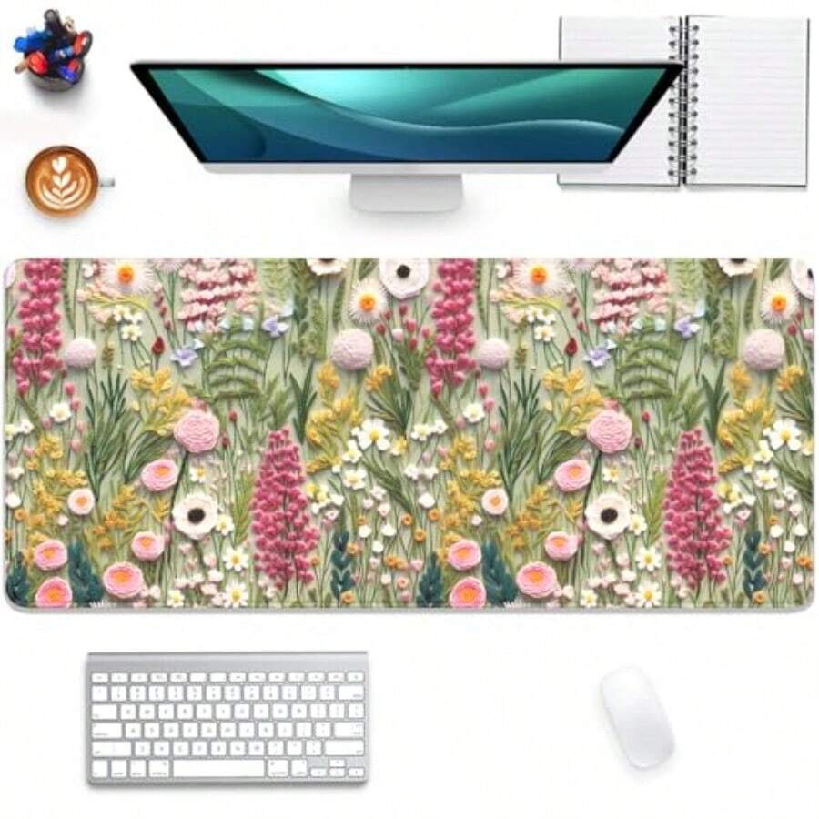 Alfombrilla de computadora bordada de flores silvestres con patrón 3D bordes cosidos antideslizante base de goma impermeable alfombrilla para oficina computadora teclado portátil y escritorio - Bordado de flores - Ver 1
