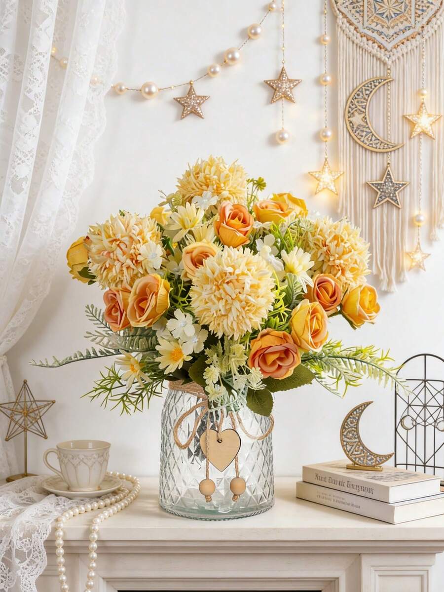 1 bó hoa giả bằng lụa 13 inch gồm hoa cúc, hoa hồng, hoa cúc dại, hoa nhân tạo, quà tặng ngày Valentine, hoa trang trí bàn giả, thích hợp cho bó hoa cưới tự làm, tiệc tùng, phòng khách, nhà bếp, sân vườn, khách sạn, văn phòng, trang trí lễ hội, ngày Valentine, trang trí Lễ Tạ ơn, vòng hoa tự làm, quà tặng, hoa trang trí bàn, trang trí sinh nhật, trang trí trong nhà/ngoài trời, hoa giả bằng nhựa số lượng lớn để trang trí bình hoa, trang trí nhà kiểu nông trại, đám cưới phong cách Boho. - Màu vàng - Xem 1