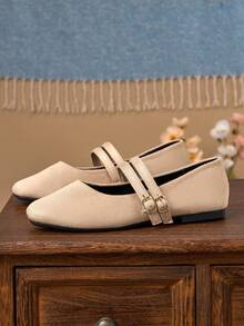 女士时尚方头杏色玛丽珍鞋，适合日常通勤、办公、派对、约会等场合，休闲百搭的双带芭蕾舞鞋 - 杏色 - 查看 4